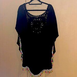 Shein beach cover up /top OS fits most, generous sizing black with neon tassels
